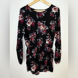 One Love Clothing Long Sleeve Black Floral Romper Jumper Shorts Size L